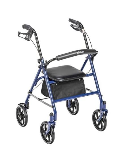 Photo 1 of Drive Medical 10257BL-1 4 Wheel Rollator Walker with Seat, Steel Rolling Walker, Height Adjustable & 10210-1 2-Button Folding Walker with Wheels, Rolling Walker, Front Wheel Walker Blue Folding+ Folding Walker