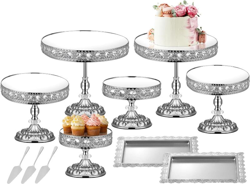 Photo 1 of 12 Pieces Silver Cake Stand Set, Vintage Cake Display Stand with Crystal Edge and Cupcake Display Tray, Dessert Table Display Set for Wedding Party Baby Shower Anniversary Celebration Silver-B