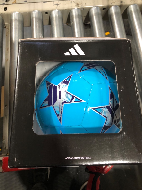 Photo 3 of adidas UEFA Champions League 23/24 Club Ball Construction, Official Match Ball Graphics, UEFA Champions League Crest, Requires Inflation, Size 3-5, Multiple Colors 5 Bright Cyan/Dark Purple/Silver Metallic