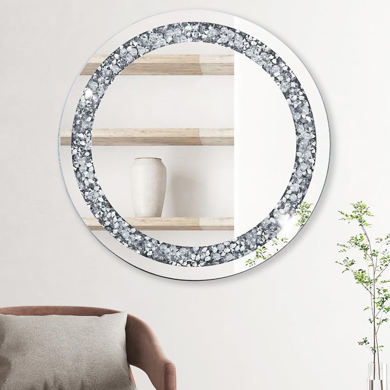 Photo 1 of 20 Inch Crushed Diamond Round Glass Wall Mirror, Bathroom Mirror, Wall Decoration Hanging Mirror, Suitable for Living Room, Bedroom, Vanity
