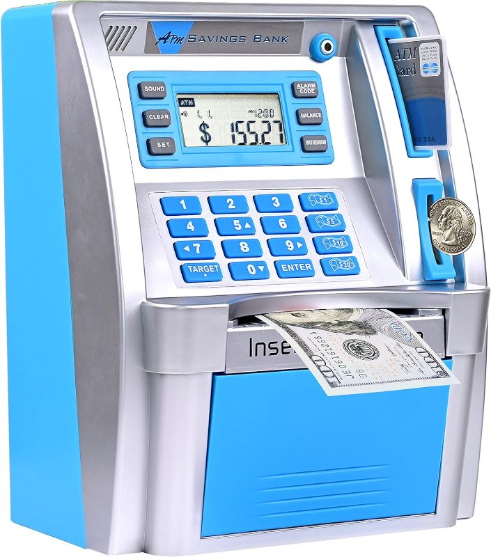 Photo 1 of 2022 Upgraded LED ATM Piggy Bank for Real Money for Kids with Debit Card, Coin Recognition, Bill Feeder, Balance Calculator, Digital Electronic Savings Safe Machine Box Silver/Blue