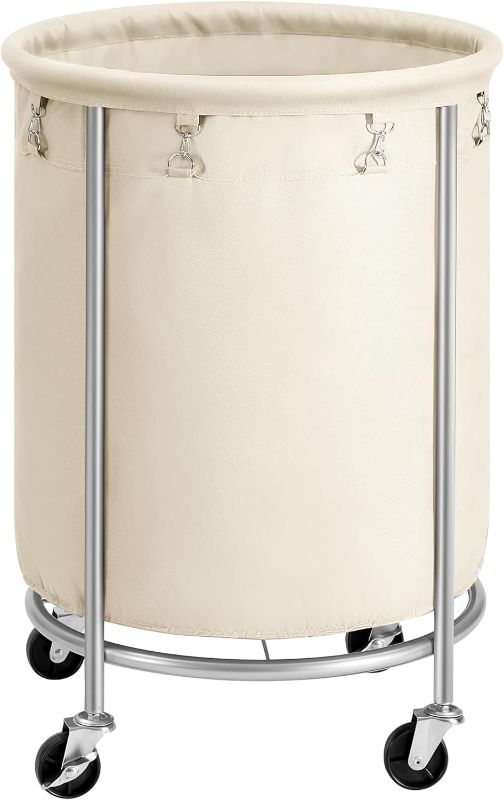 Photo 1 of  Laundry Basket with Wheels, Rolling Laundry Hamper, 45 Gal., Round Laundry Cart with Steel Frame and Removable Bag, 4 Casters and 2 Brakes, Cream and Silver