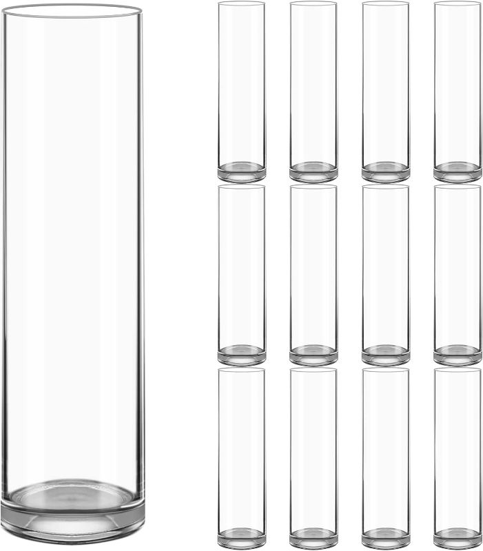 Photo 1 of 14 inch Clear Glass Cylinder Vases, 12 Pack Table Flowers Vase Candle Holder for Home,Garden, Wedding Centerpiece Decorations and Formal Dinners (Width 4",Thick Bottom)