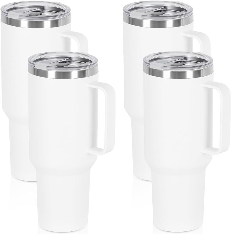 Photo 1 of 4 Pack 40 Oz Tumbler with Handle and Straw, Stainless Steel Double Wall Vacuum Insulated Cup, 40 OZ Travel Coffee Mug Bulk with Silicone Water Bottle Boot(White)