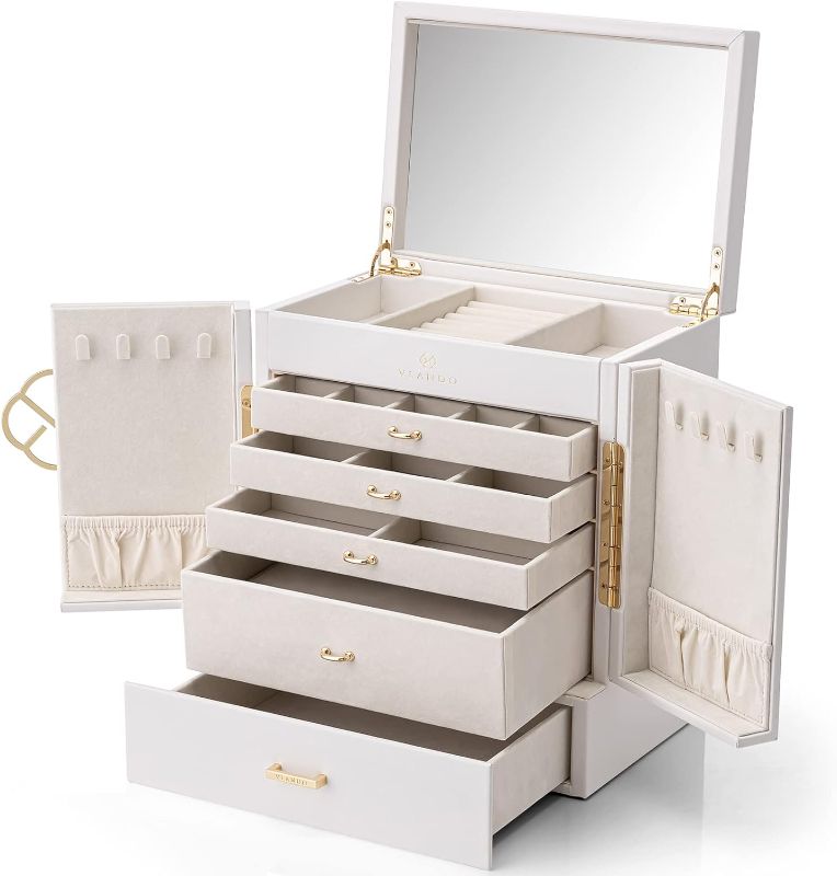 Photo 1 of Vlando Large Jewelry Organizer Box, 6-Layer Jewelry Storage Box with Mirror & 5 Drawers for Earrings, Necklaces, Rings and Watch Organizer for Women Girls Valentines Day Gifts- White