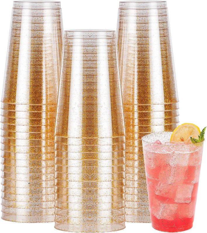 Photo 1 of 50PCS 14oz Glitter Plastic Cups for Party, Disposable Gold Plastic Cups, Plastic Cocktail Glasses for Wedding Thanksgiving, Christmas, and Parties