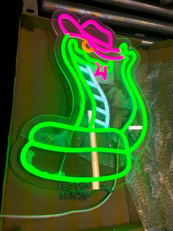 Photo 3 of ENSHUI Cowboy Snake Neon Sign for Wall Decor with Adapter Snake Wearing Cowboy Hat Dimmable Western LED Neon Lights for Bedroom Kids Room Bar Girl's Christmas Gift 15.8 x 14.3 Inch(Green)
