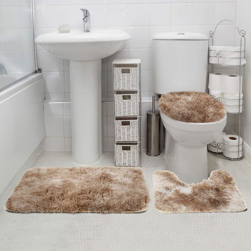 Photo 1 of 3 Piece Bath Rugs Set, Bath Rug + Contour Mat + Toilet Seat Cover, Super Soft Microfiber Water Absorbent & Non-Slip Bathroom Rugs with PVC Point Rubber Backing, Machine Washable (Beige)
