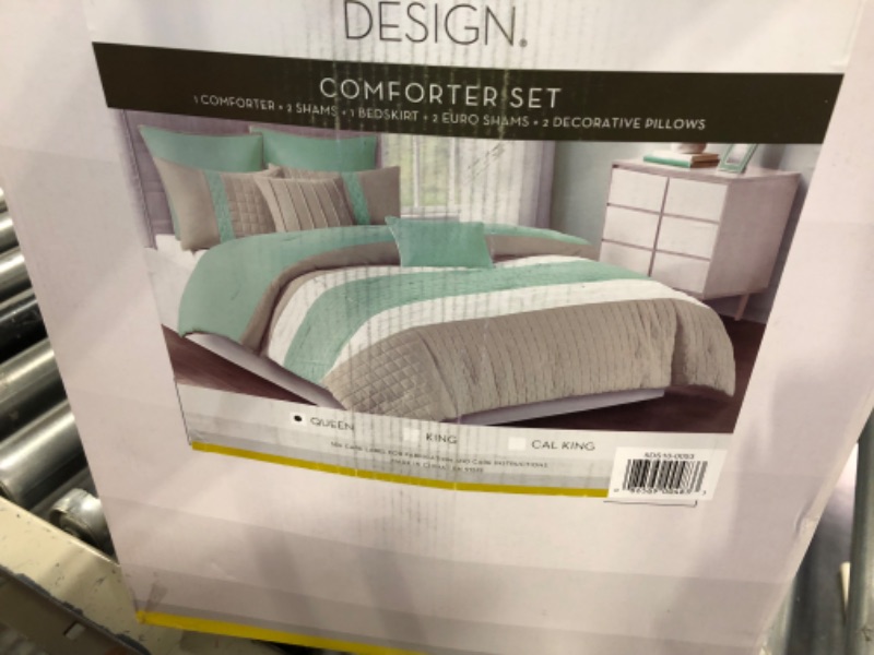 Photo 3 of 510 DESIGN Cozy Comforter Set - Geometric Honeycomb Design, All Season Down Alternative Casual Bedding with Matching Shams, Decorative Pillows, Full/Queen (90"x90"), Seafoam/Grey 8 Piece Queen Tinsley Seafoam/Grey