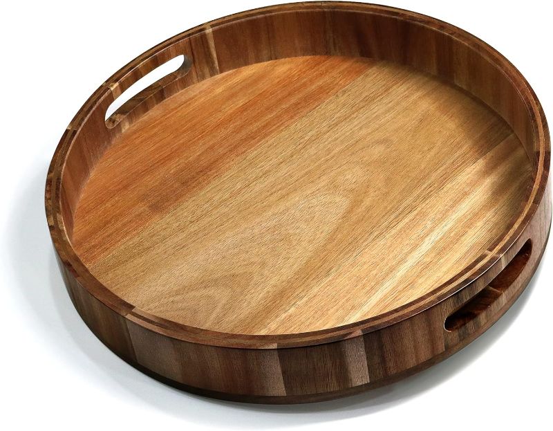 Photo 1 of 14" Wooden Tray, Natural Acacia Wood, Lazy Susan Rotating Mechanism Base Serving Tray Round, Carved Handles & Rimmed Edge Rustic Centerpiece Display