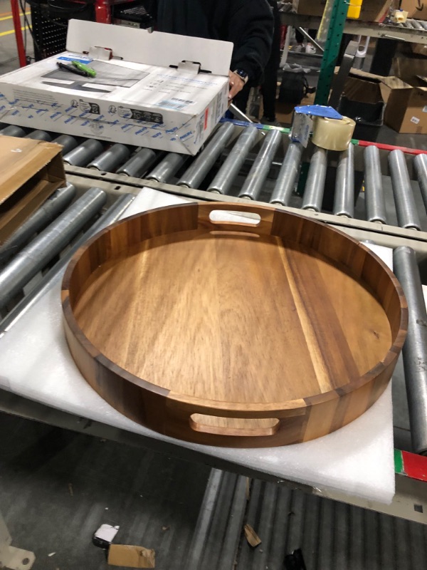 Photo 4 of 14" Wooden Tray, Natural Acacia Wood, Lazy Susan Rotating Mechanism Base Serving Tray Round, Carved Handles & Rimmed Edge Rustic Centerpiece Display