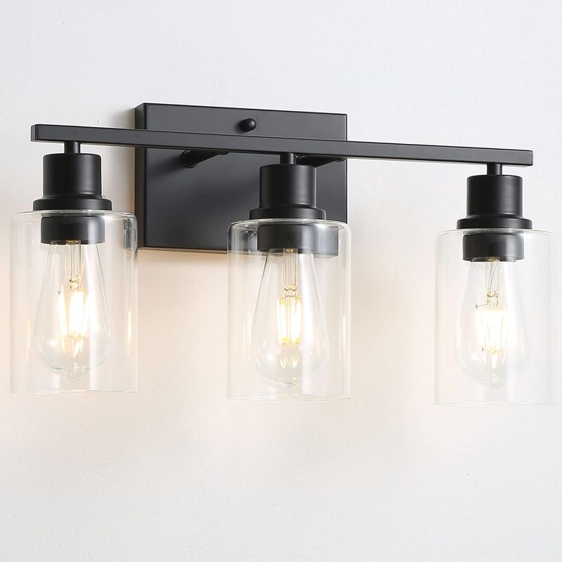 Photo 1 of 3-Light Bathroom Light Fixtures, Black Modern Vanity Lights with Clear Glass Shade, Bathroom Wall Lamp for Mirror Kitchen Living Room Hallway Cabinet Porch
