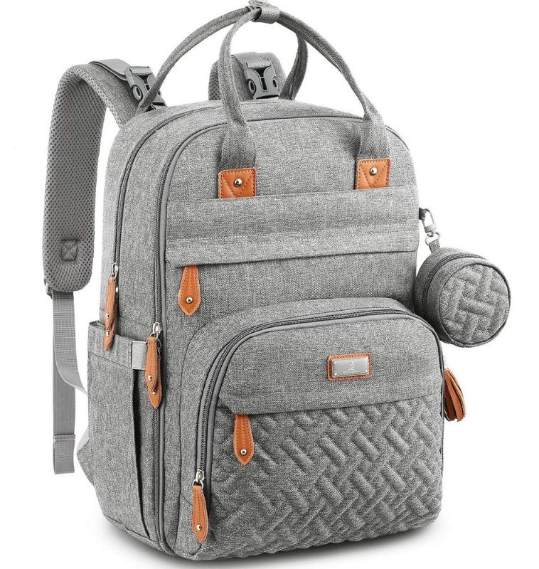 Photo 1 of BabbleRoo Waterproof Diaper Bag Backpack - Baby Essentials Travel Tote - Multi function with Changing Pad, Stroller Straps & Pacifier Case - Unisex, Light Gray