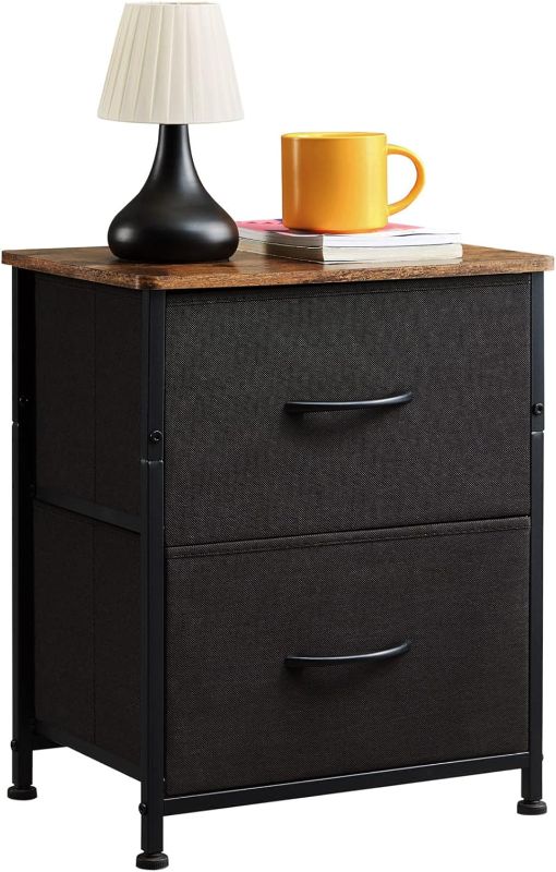 Photo 1 of **MISSING HARDWARE** Somdot Nightstands Set of 2 with 2 Drawers, Bedside Table Small Dresser with Removable Fabric Bins for Bedroom Nursery Closet Living Room - Sturdy Steel Frame, Wood Top - Black/Rustic Brown 2 Black/Rustic Brown