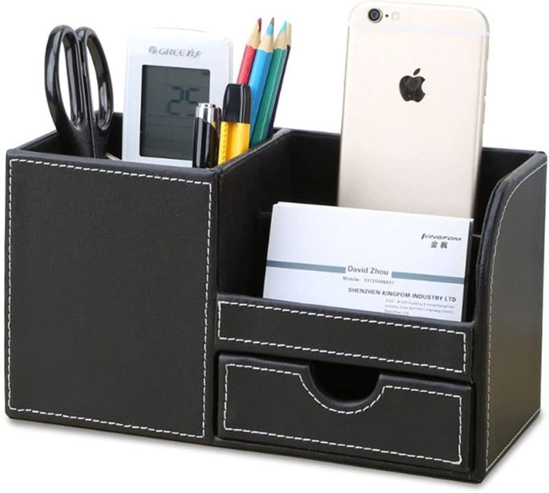Photo 1 of KINGFOM Desk Organizer Office Supplies Caddy Pu Leather Multi-function Storage Box Pen/Pencil,Cell phone, Business Name Cards Remote Control Holder with Small Drawer Black