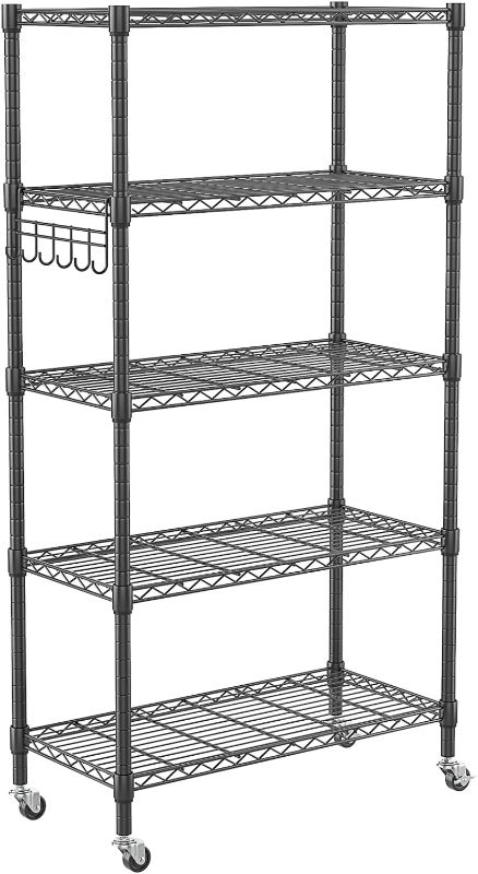 Photo 1 of **USED** Homdox 5 Tier Metal Storage Shelves with Wheels, Heavy Duty Wire Shelving Unit, Adjustable Storage Racks with Side Hooks for Bathroom Kitchen Garage Pantry Organization, Black