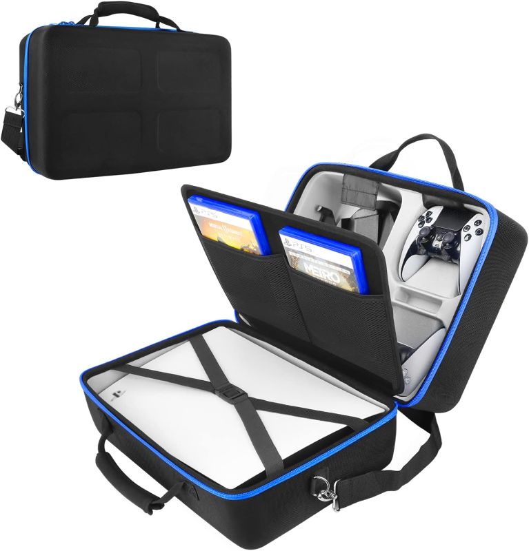 Photo 1 of Hard Shell Carrying Case for Playstation 5 Console, Travel Case for PS5 Compatible with Disc& Digital Edition with Base On, Storage Bag for PS5 DualSense Controllers/Pulse 3D Headset/Cords and Other