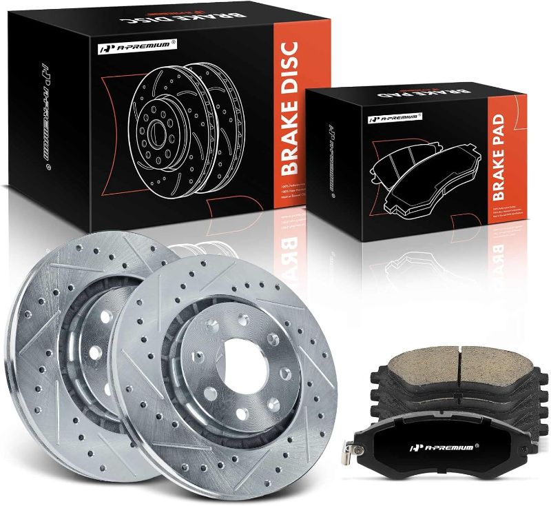 Photo 1 of A-Premium 10.08 inch (256mm) Front Drilled and Slotted Disc Brake Rotors + Ceramic Pads Kit Compatible with Select Chevrolet, Pontiac and Suzuki Models - Spark, Aveo5, G3 Wave, Wave, Swift+, 6-PC Set