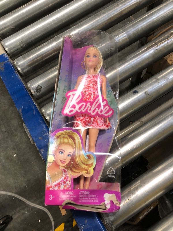 Photo 2 of Barbie Fashionistas Doll #205 with Blond Ponytail, Wearing Pink and Red Floral Dress, Platform Sandals and Hoop Earrings