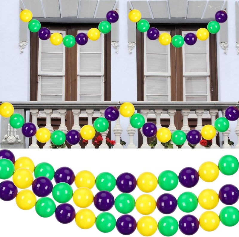 Photo 1 of 9ft Mardi Gras Jumbo Bead Garland Mardi Gras Bead Ball Flag Purple Green Yellow Hanging Banner for Indoor Outdoor Fence Mardi Gras Parade Party Decor(Mixed Colors)