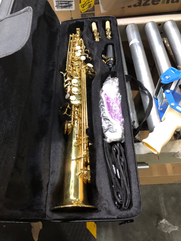 Photo 3 of Soprano Saxophone B flat Saxophone Integrated Brass Soprano Straight Sax Copper Tube Soprano Sax, Tone Saxophone with Cleaning Cloth, Carrying Case, Replaceable Blowpipe (Gold)