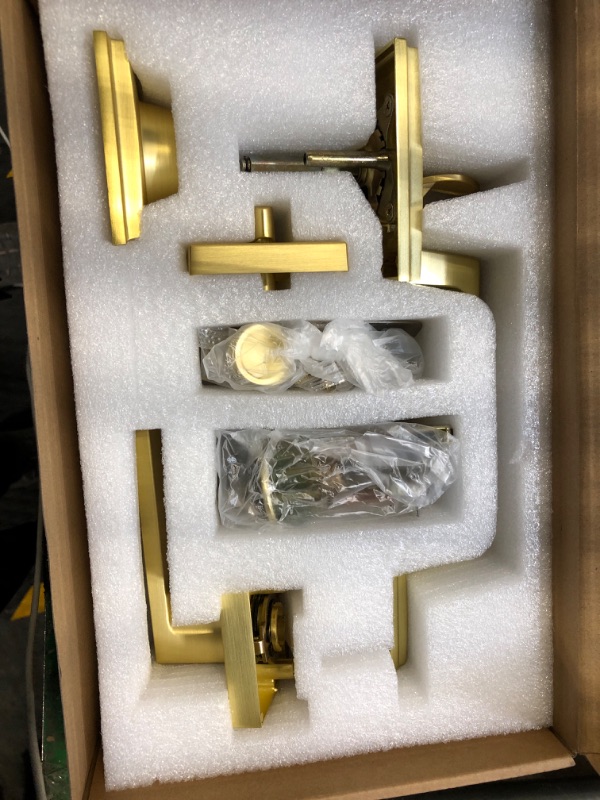 Photo 2 of 2 Pack Brass Front Door Entry Lever Lockset and Single Keyed Square Deadbolt Combination Set, Heavy Duty, Satin Brass (Keyed Alike) 2 Deadbolt Lockset