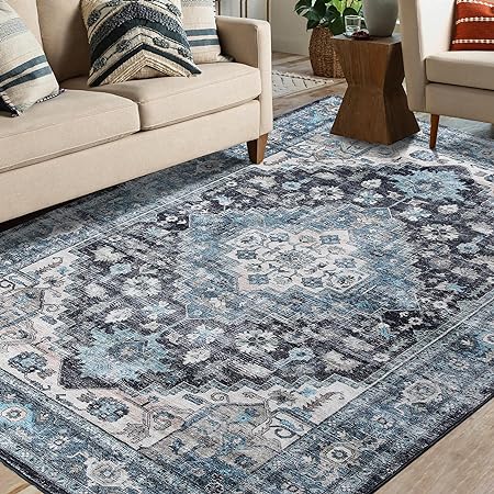 Photo 1 of 5x7 Area Rug Soft Non Slip Washable Boho Rug Blue Stain Resistant Large Area Rugs Indoor Non-Shedding Carpet for Living Room Bedroom Kitchen