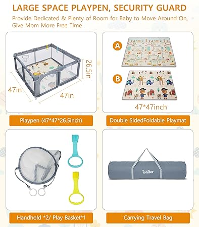 Photo 1 of Baby Playpen with Mat, Large Baby Playard for Toddler, BPA-Free, Non-Toxic, Safe No Gaps Play Yard for Babies, Indoor & Outdoor Kids Activity Center 47"x47"x26.5" with 0.4" Foldable Playmat