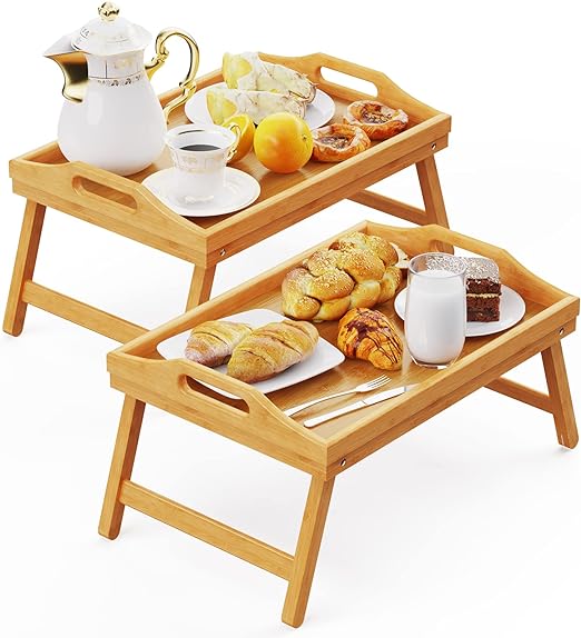 Photo 1 of Breakfast in Bed Tray for Eating, 16.92 x 12.6 Inch Bed Table Tray with Folding Legs & Handles, Bamboo Food Lap Trays Fits for Adult Kids Eating/TV/Surgery Recovery by Easoger