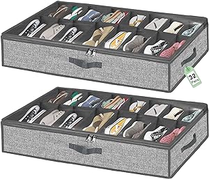 Photo 1 of 32 Pairs Shoe Organizer Under Bed, Underbed Shoe Storage Boxes Bins, Organizador De Zapatos, Extra Large Zapateras Organizer, Grey, Set of 2