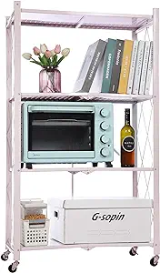 Photo 1 of Foldable Collapsible Shelf with Wheels & Breaks - Folding Shelf Heavy Duty Metal Frame Pantry Shelving Unit - Origami Bookcase - No Assembly Bookshelf (Pink, 4 Tier)