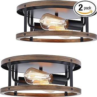 Photo 1 of 2 Pack Farmhouse Ceiling Light Fixture,Super Bright E26 Base 2-Light Hallway Light Fixtures Ceiling,Anti-Corrosion Wood and Black Flush Mount Ceiling Light for Hallway, Kitchen,Entry,Porch Etc