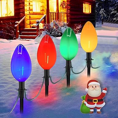 Photo 1 of C9 Pathway Lights, 7Ft Outdoor Christmas Pathway Stake Lights with 4 Jumbo C9 Multicolor LED Bulbs, Connectable Outdoor Marker Lights for Xmas Walkway Driveway Lawn Decor