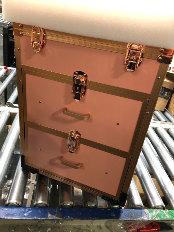 Photo 1 of Professional Rolling Makeup Train Case with Drawers, Large Cosmetic Trolley with Locks, Cosmetics Storage Organizer Make up Case for Travel Makeup/Nail Art/Hair Styling, Matte Gold
