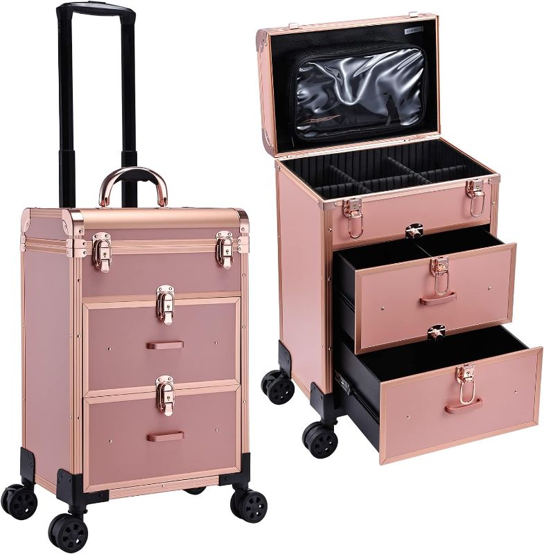 Photo 1 of Professional Rolling Makeup Train Case with Drawers, Large Cosmetic Trolley with Locks, Cosmetics Storage Organizer Make up Case for Travel Makeup/Nail Art/Hair Styling, Matte Gold
