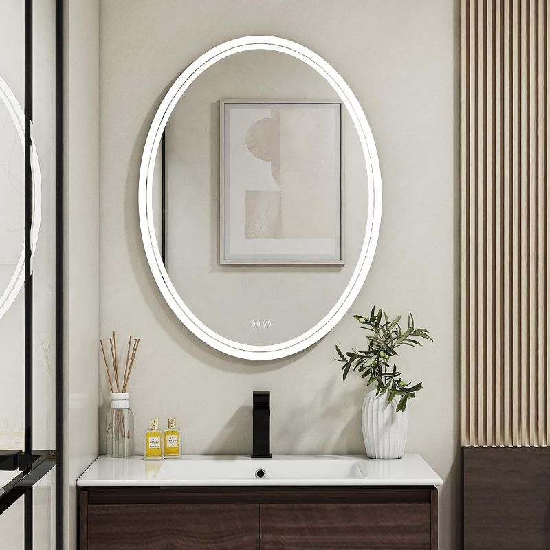 Photo 1 of 28 x 20 inch Oval LED Bathroom Mirror Anti-Fog 3 Colors Light Dimmable Wall Mounted Lighted Bathroom Vanity Mirror Memory Makeup Mirror Touch Switch