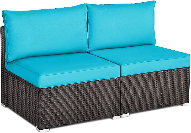 Photo 1 of  PCS Outdoor Wicker Armless Sofa, Patio Rattan Sectional Sofa Set w/2 Thick Seat Cushions and 2 Back Cushions, Additional Seats for Balcony Garden Patio Poolside (Turquoise)