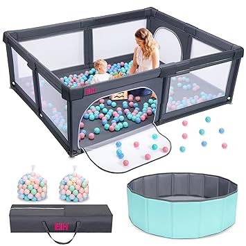 Photo 1 of 79 Inch x 59 Inch Large Baby Playpen with Ocean Ball Pit & 100PCS Balls Play Yard for Babies and Toddlers Indoor and Outdoor Kids Activity Center, Light Grey