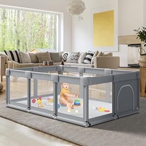 Photo 1 of 74" ×50" Large Baby Playpen, Baby Playard for Babies and Toddlers, Baby Fence Play Pens for Indoor & Outdoor, Sturdy Safety Play Yard with Soft Breathable Mesh, Anti-Fall, Grey