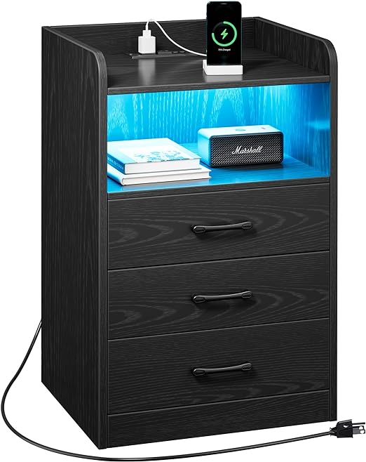 Photo 1 of SUPERJARE Nightstand with Charging Station and LED Light Strips, Night Stand with Drawers, End Table with USB Ports and Outlets, Bedside Table for Bedroom, Black