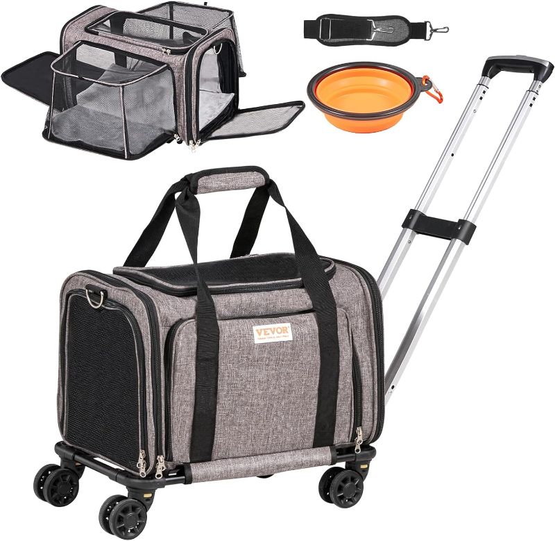 Photo 1 of Airline Approved PetCarrier with Wheels,Rolling CatDog Carrier,PetTravel Carrier on Wheels with Upgraded Wheels and Telescopic Handle,Expandable Carrier for under 25lbs-Grey,17.5"Lx11.2"Wx11.4"H ***Missing Bowl***