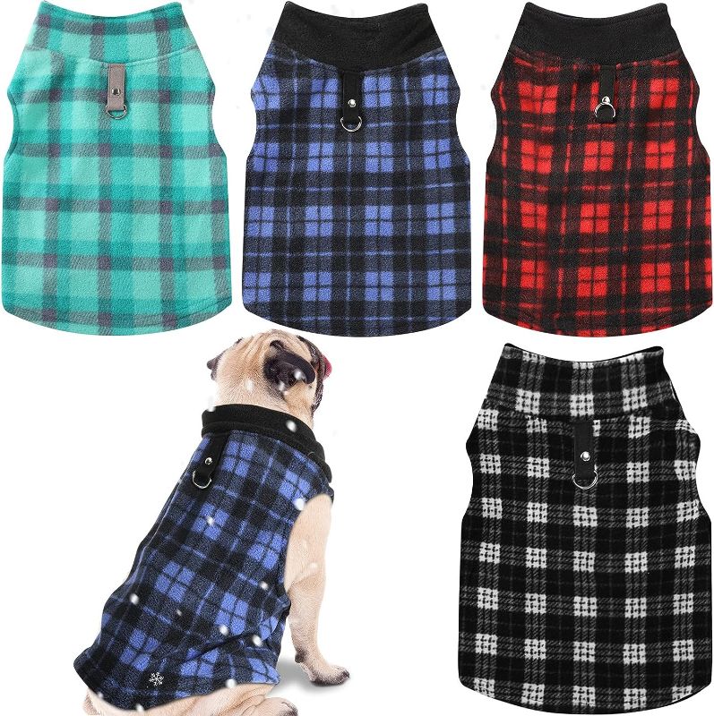 Photo 1 of 4 Pieces Winter Fabric Dog Sweater with Leash Ring Fleece Vest Dog Pullover Jacket Warm Pet Dog Clothes for Puppy Small Dogs Cat Chihuahua Boy (Plaid Pattern, XXXL)