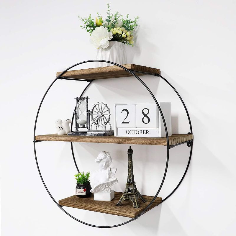 Photo 1 of Befayoo Floating Shelves for Wall, Rustic Wood Geometric Style Decor Shelf for Bathroom Bedroom Living Room Kitchen Office (Round, Natural)