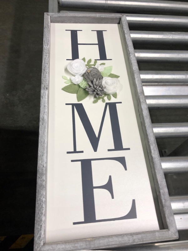 Photo 1 of Vertical HOME Sign with Felt Flower - Besuerte Farmhouse Wood Framed Sign for Home Decor, Gallery Wall Art,Home Plaque Wall Hanging Sign 21.7x8.6, Rustic Grey