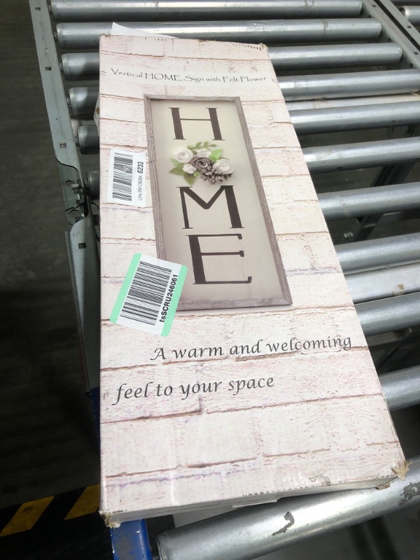 Photo 1 of Vertical HOME Sign with Felt Flower - Besuerte Farmhouse Wood Framed Sign for Home Decor, Gallery Wall Art,Home Plaque Wall Hanging Sign 21.7x8.6, Rustic Grey