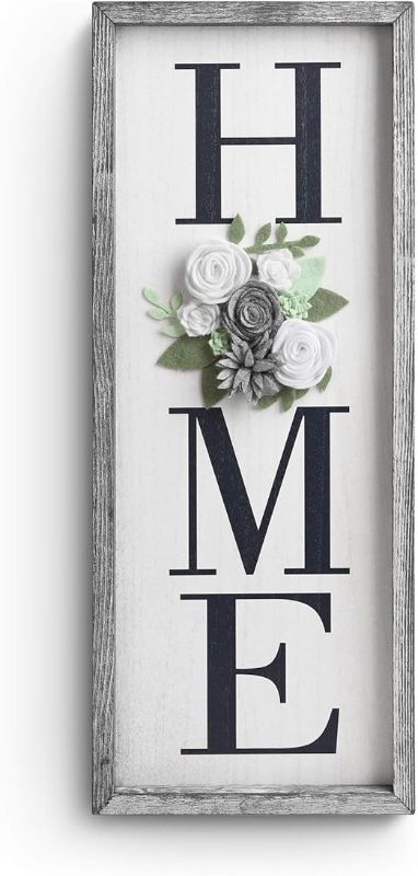 Photo 1 of Vertical HOME Sign with Felt Flower - Besuerte Farmhouse Wood Framed Sign for Home Decor, Gallery Wall Art,Home Plaque Wall Hanging Sign 21.7x8.6, Rustic Grey