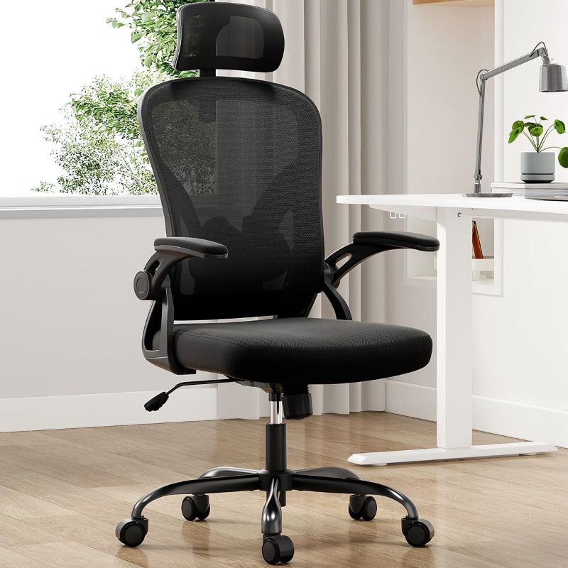 Photo 1 of Farini Ergonomic Office Chair, Mesh Office Desk Chair with Headrest, High Back Computer Chair with Flip-up Armrests and Adjustable Lumbar Support.for Home Office Study Room Bedroom, Black.
