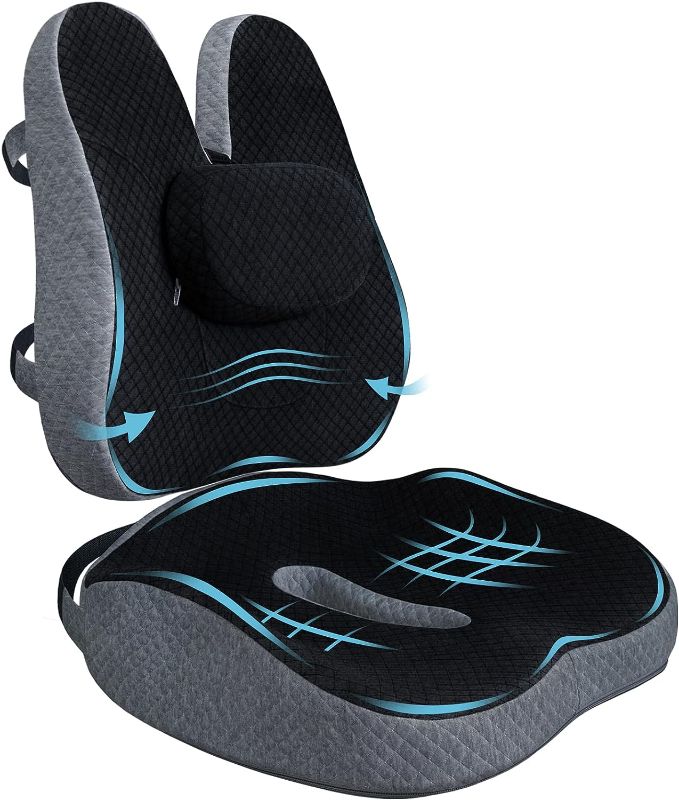 Photo 1 of Memory Foam Seat Cushion & Lumbar Support Pillow for Office Chair Car Wheelchair, 3 Piece Chair Cushion Set with Adjustable Straps for Lower Back, Tailbone, Sciatica, Hip Pain Relief