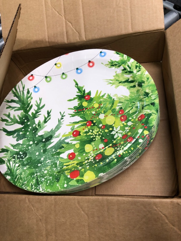 Photo 3 of **USED** Umigy 50 Pcs Christmas Trees Oval Paper Plates 10" x 12" Large Disposable Paper Plates Xmas Tree with Lights Dinner Plates Winter Trees Serving Tray for Christmas Party Supplies Dinner Kitchen 50 Christmas Trees