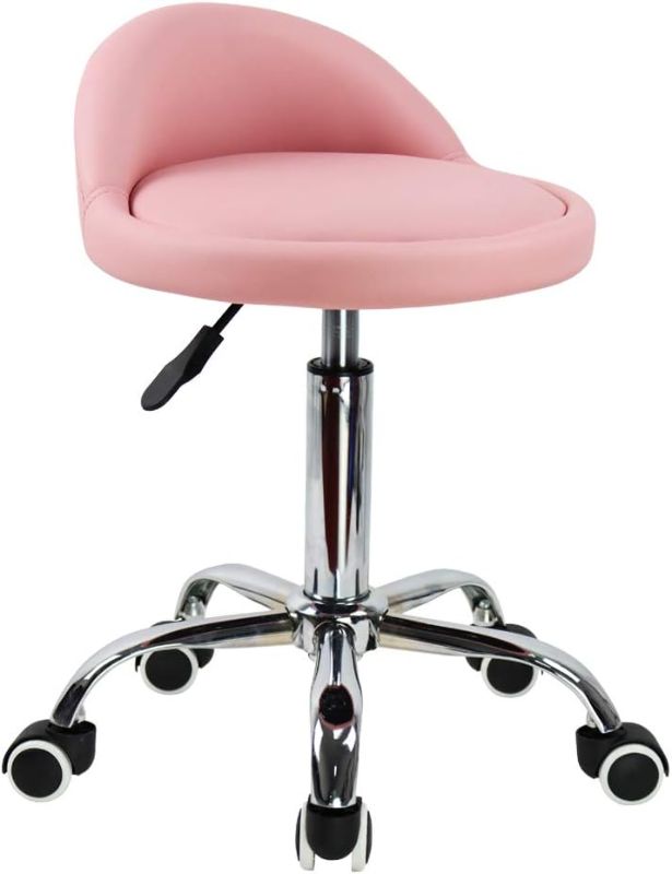 Photo 1 of KKTONER PU Leather Round Rolling Stool with Back Rest Height Adjustable Swivel Drafting Work SPA Task Chair with Wheels Pink